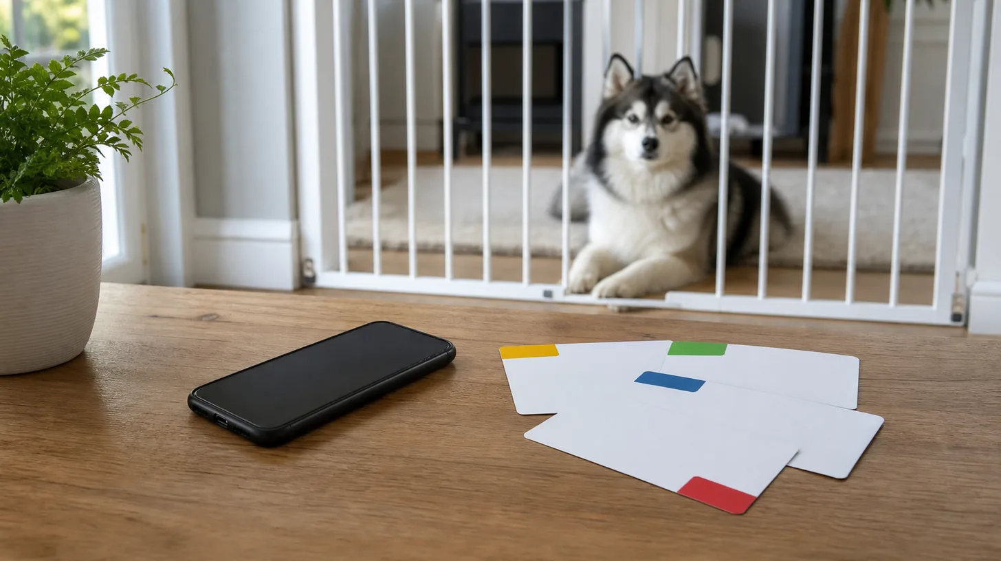 A Pomsky rests behind a gate while a face-down phone and blank role cards are prepared