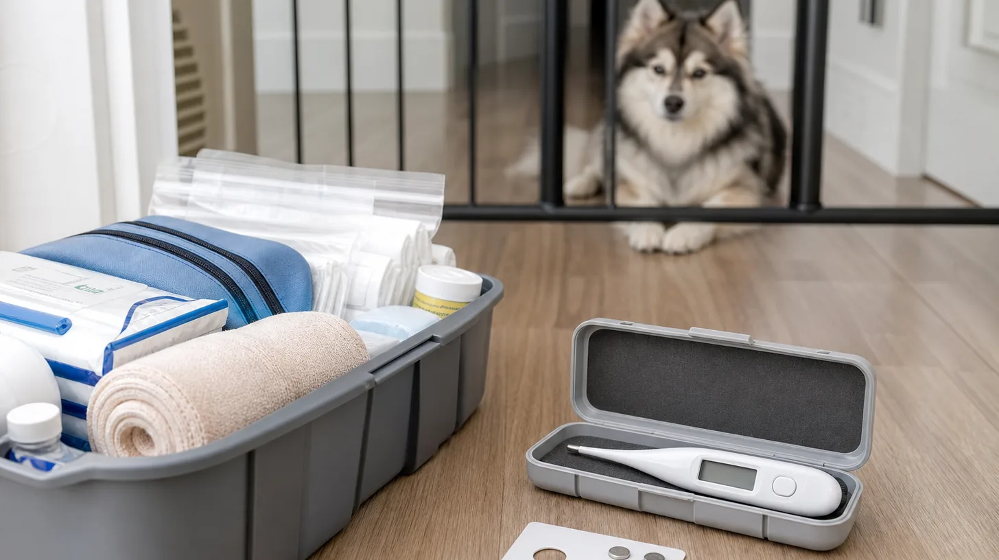 Plain digital thermometer in an open protective case beside an organized emergency bin