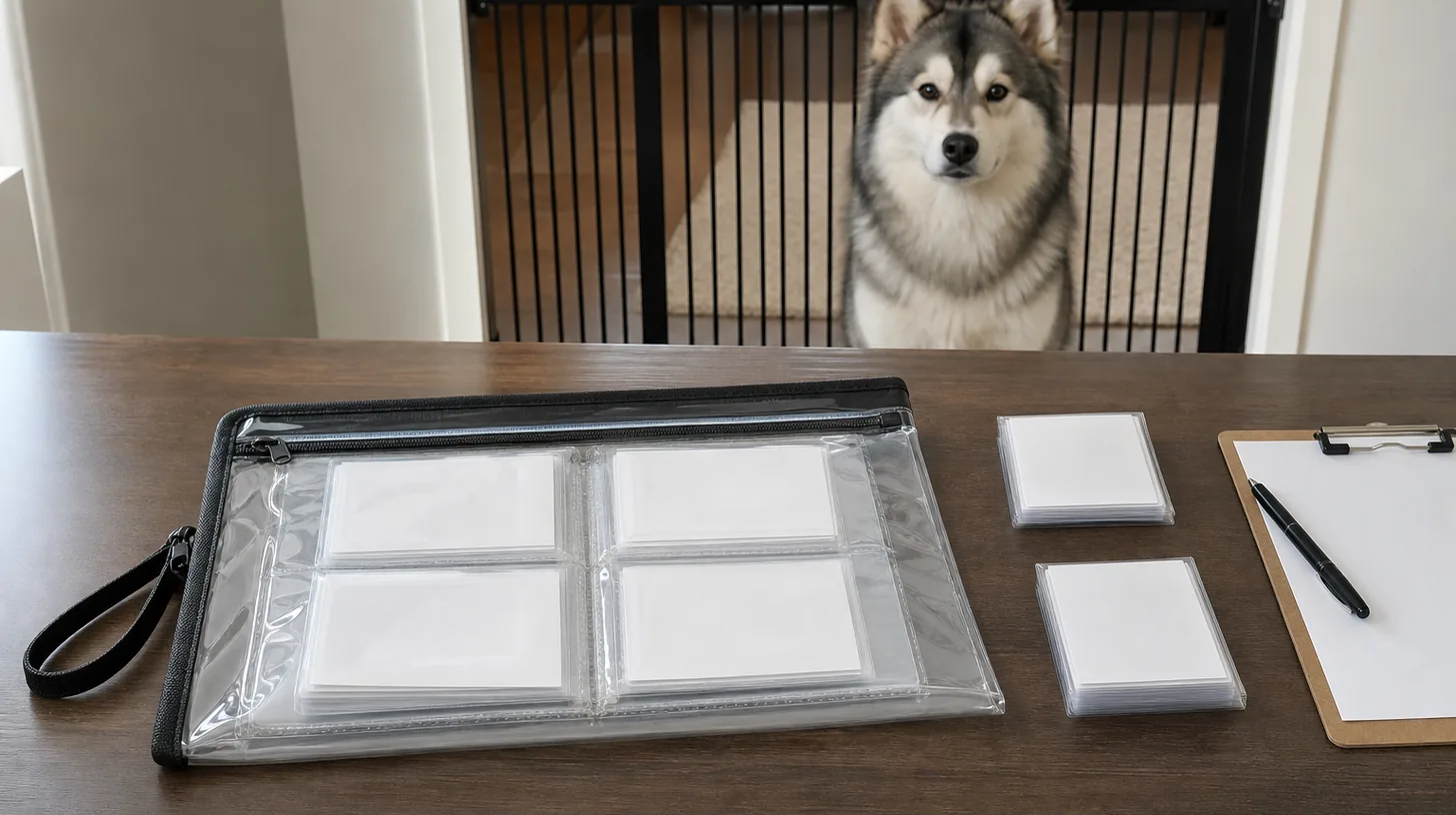 A sealed clear document pouch with blank cards rests away from a gated Pomsky