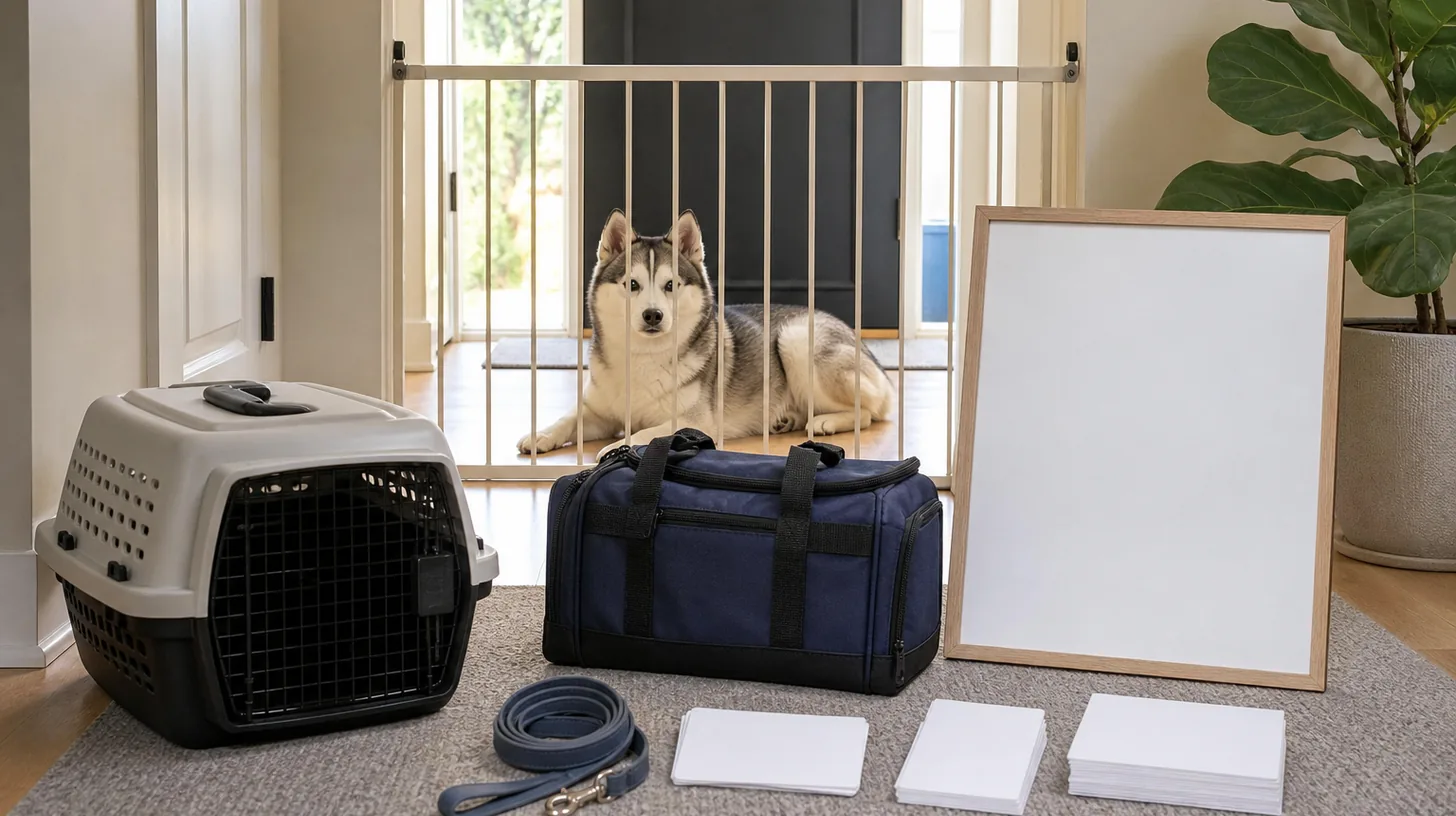 Pomsky rests behind a gate after a calm drill beside a carrier leash go bag blank route board and review cards