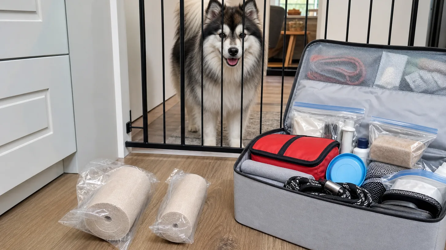 Two unopened plain elastic bandage rolls beside an organized emergency kit