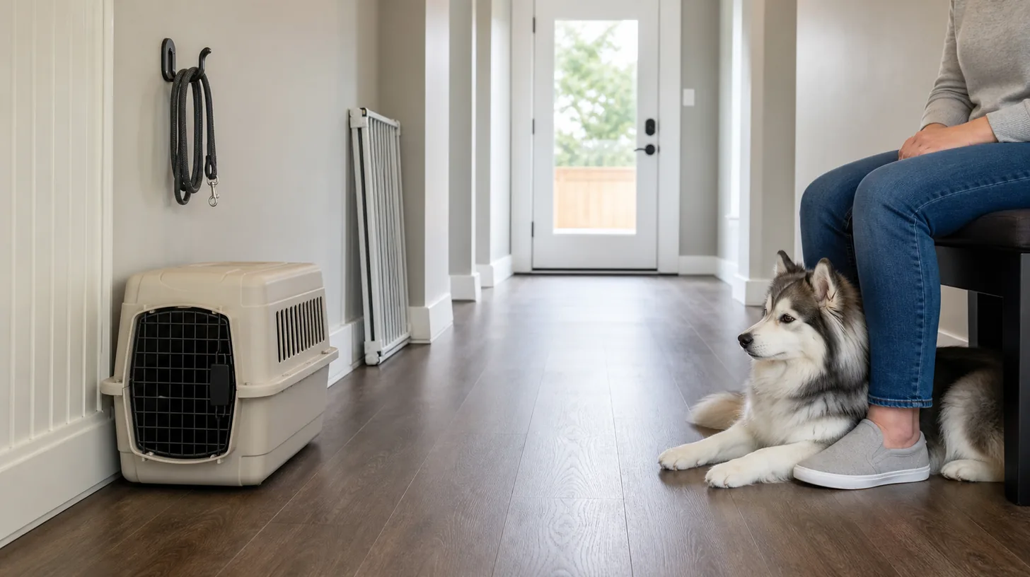 A clear exit route has a carrier and wall-hung leash ready beside a resting Pomsky