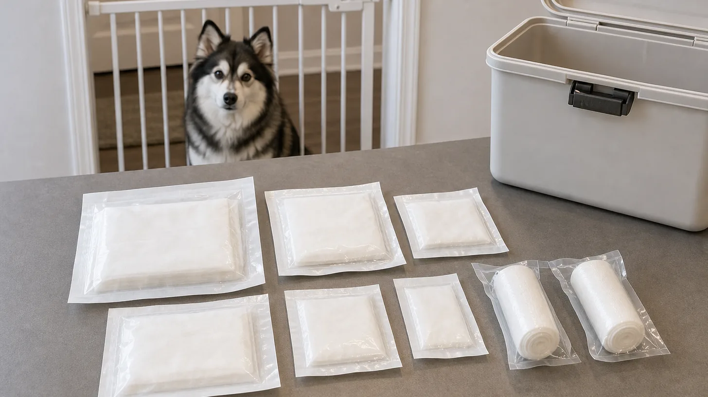 Sealed gauze pad and roll packages arranged beside an emergency supply bin