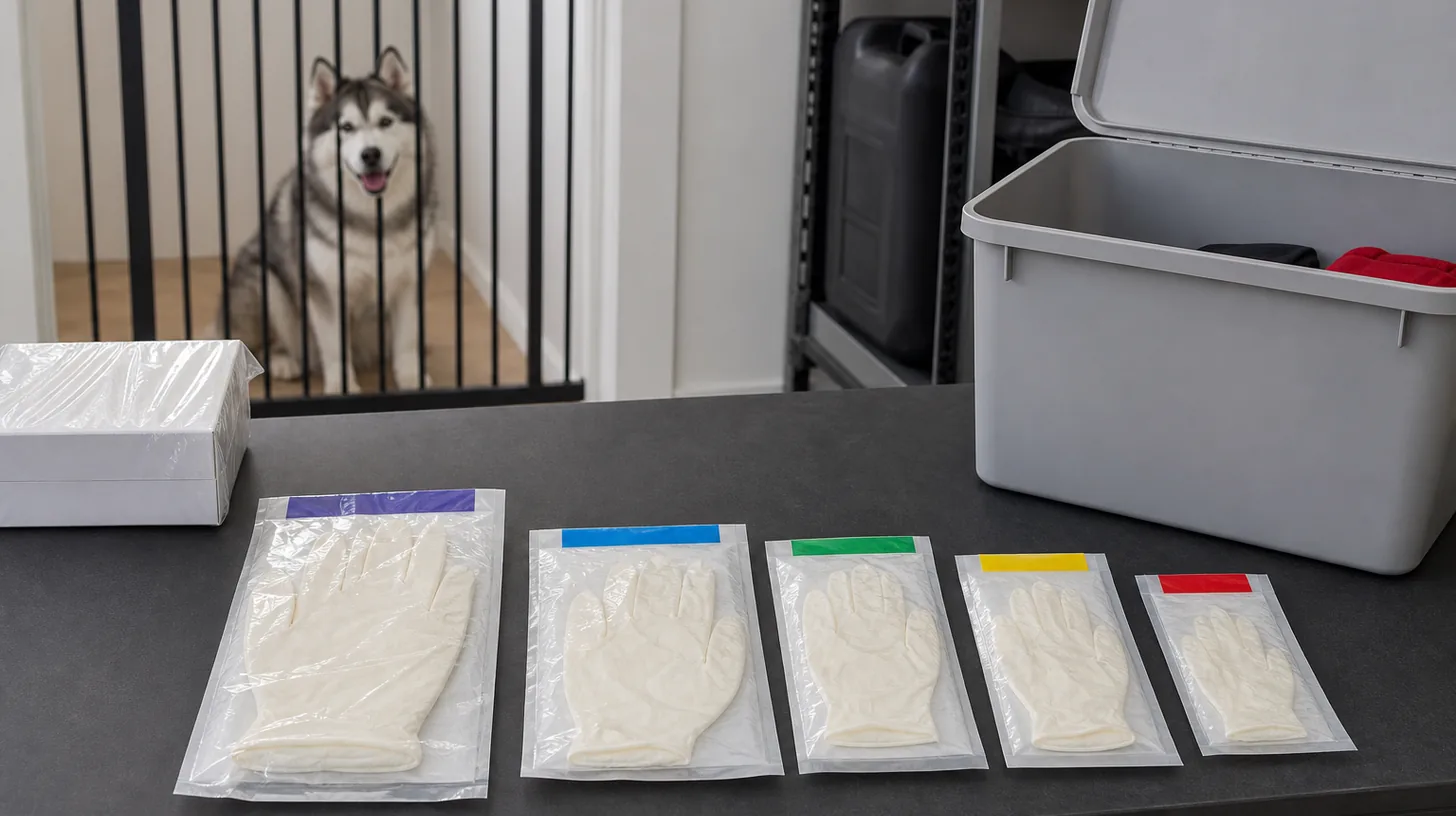 Sealed disposable glove packets arranged beside a dry emergency bin with a Pomsky behind a gate