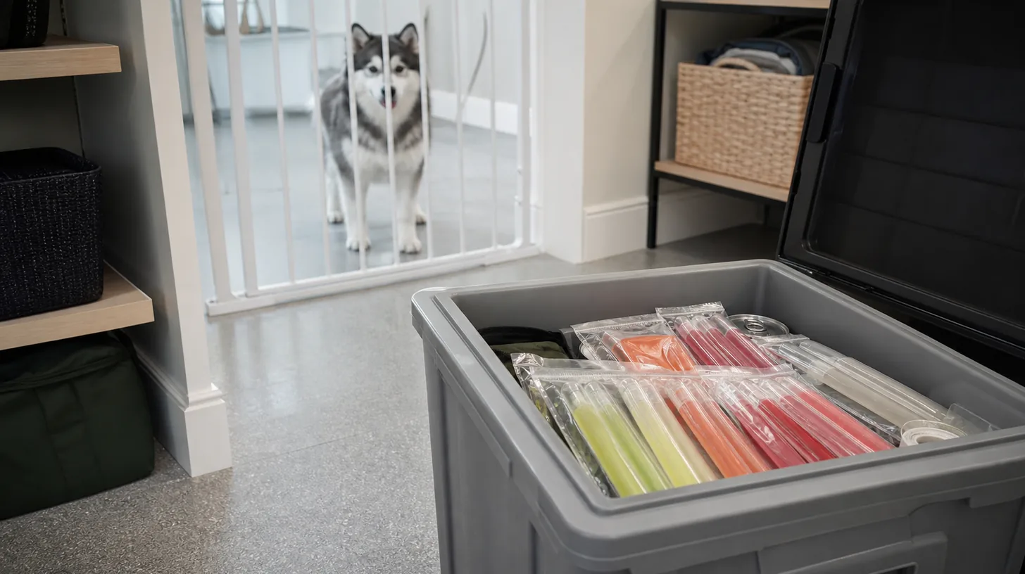Sealed glow-stick packages sit in an emergency bin away from a gated Pomsky