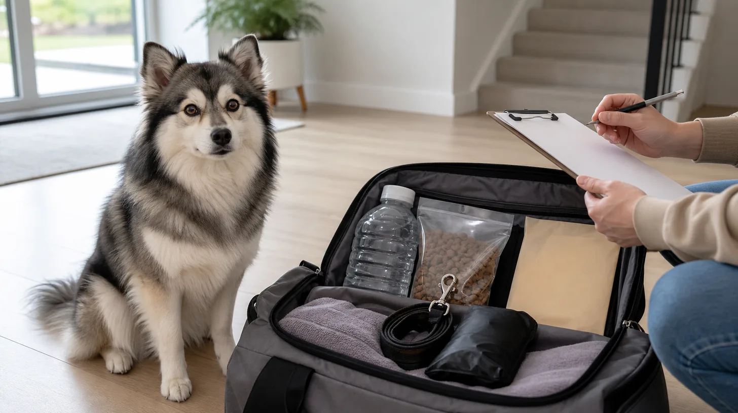 Pomsky beside an open emergency go-bag while a caregiver checks organized supplies