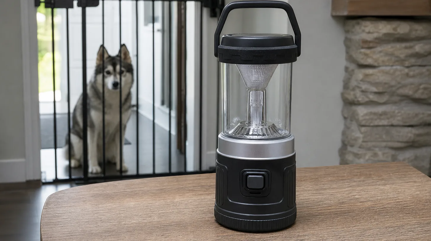 An unlit emergency lantern sits on a clear table away from a gated Pomsky