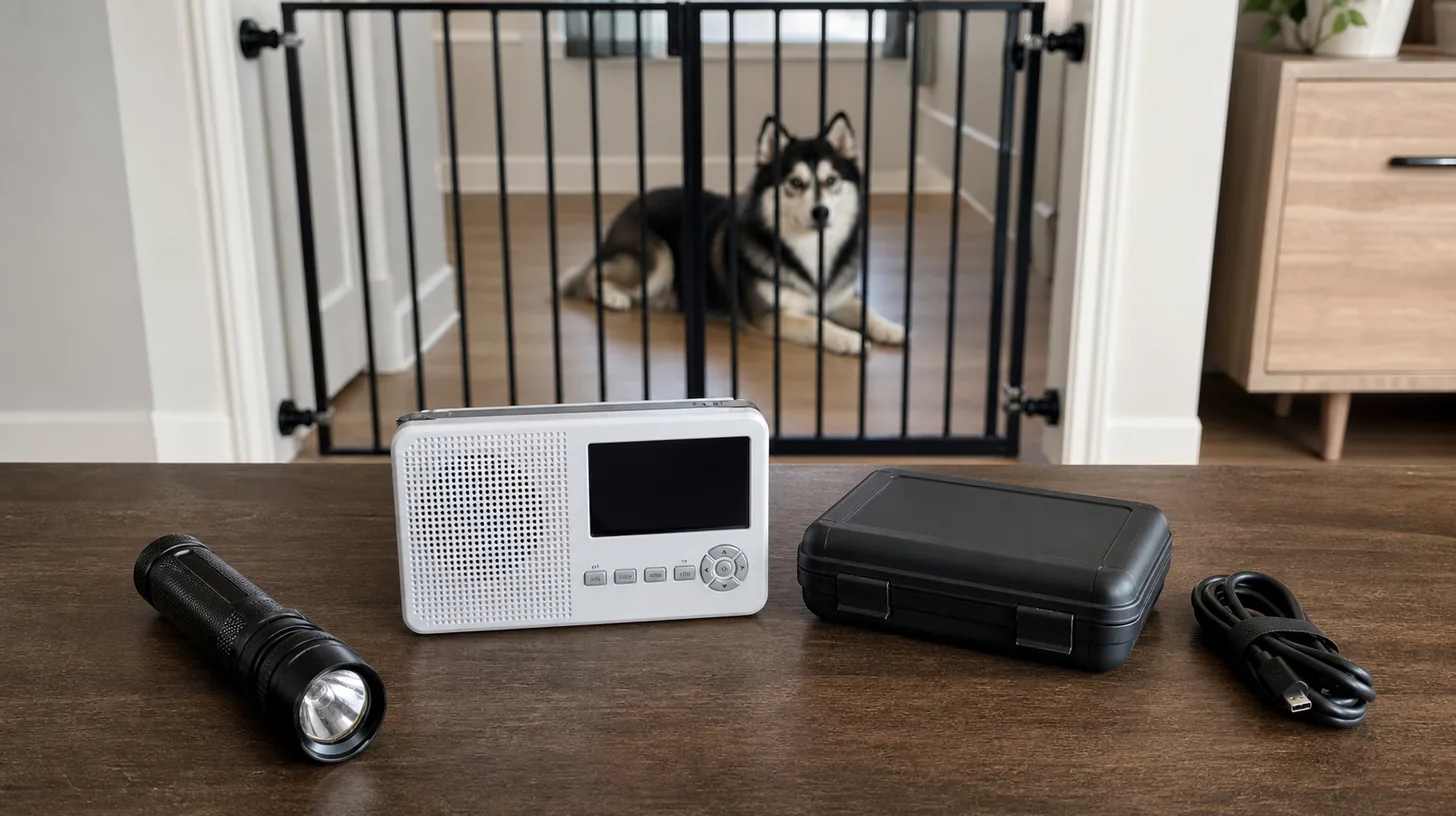 A flashlight, weather radio and closed supply case are arranged while a Pomsky waits behind a gate