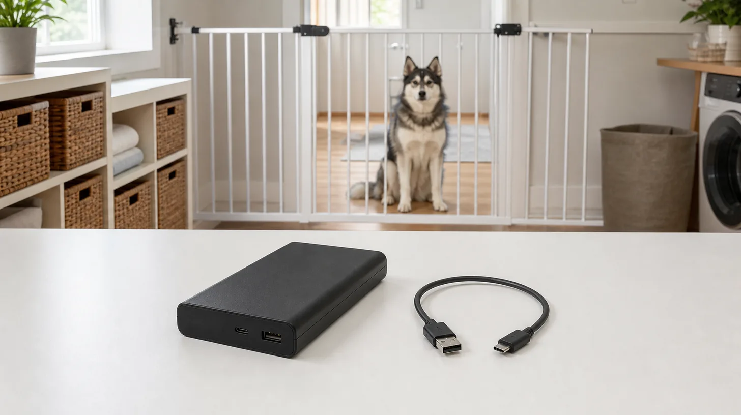 A plain power bank and detached cable sit on a clear table away from a gated Pomsky