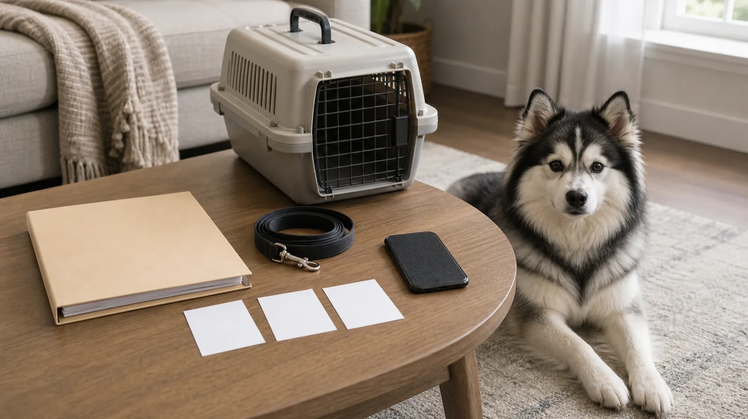 An emergency folder, carrier, leash and blank requirement cards sit beside a resting Pomsky