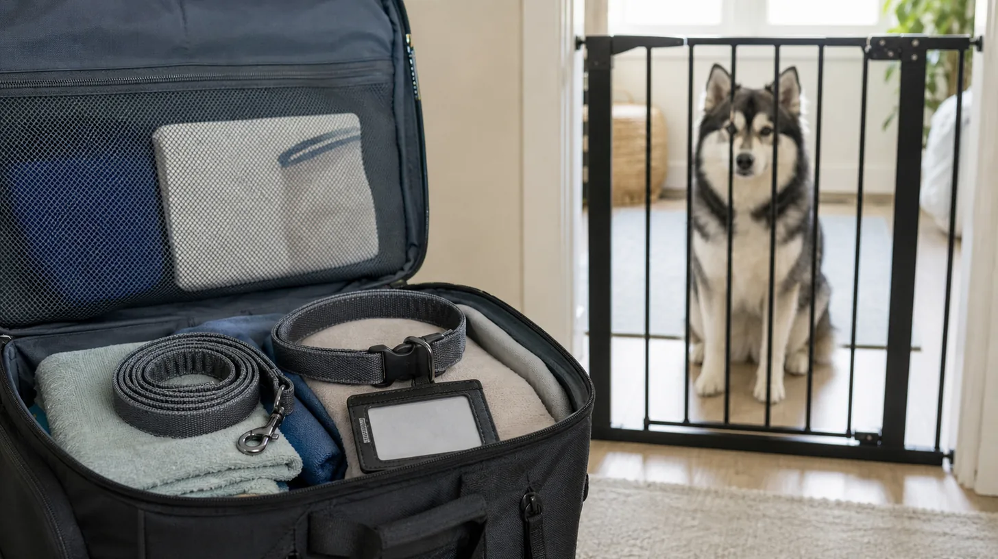 A spare collar leash and blank identification pouch form one set inside a go-bag away from a gated Pomsky