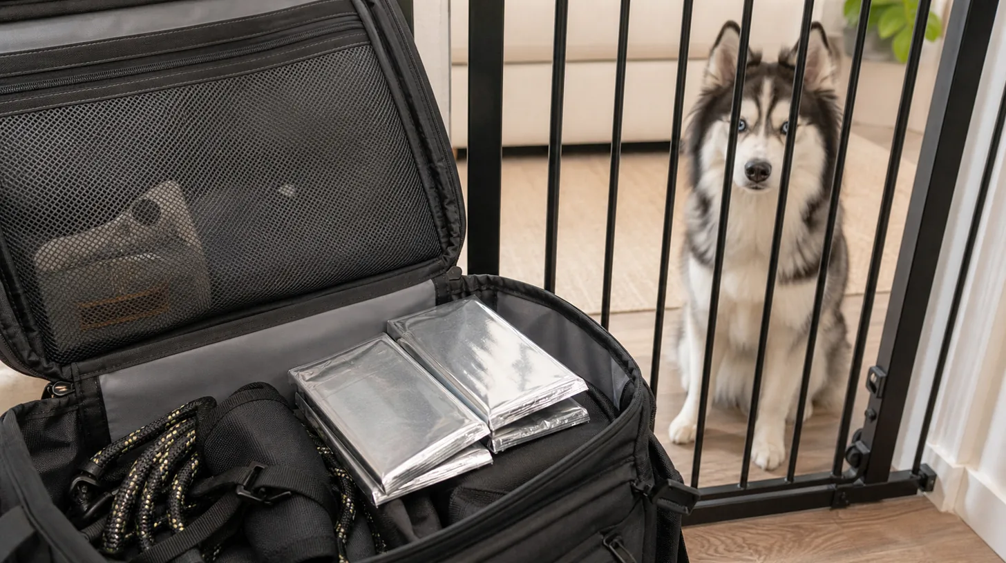 Sealed thermal blanket packages lie flat in a go-bag away from a gated Pomsky