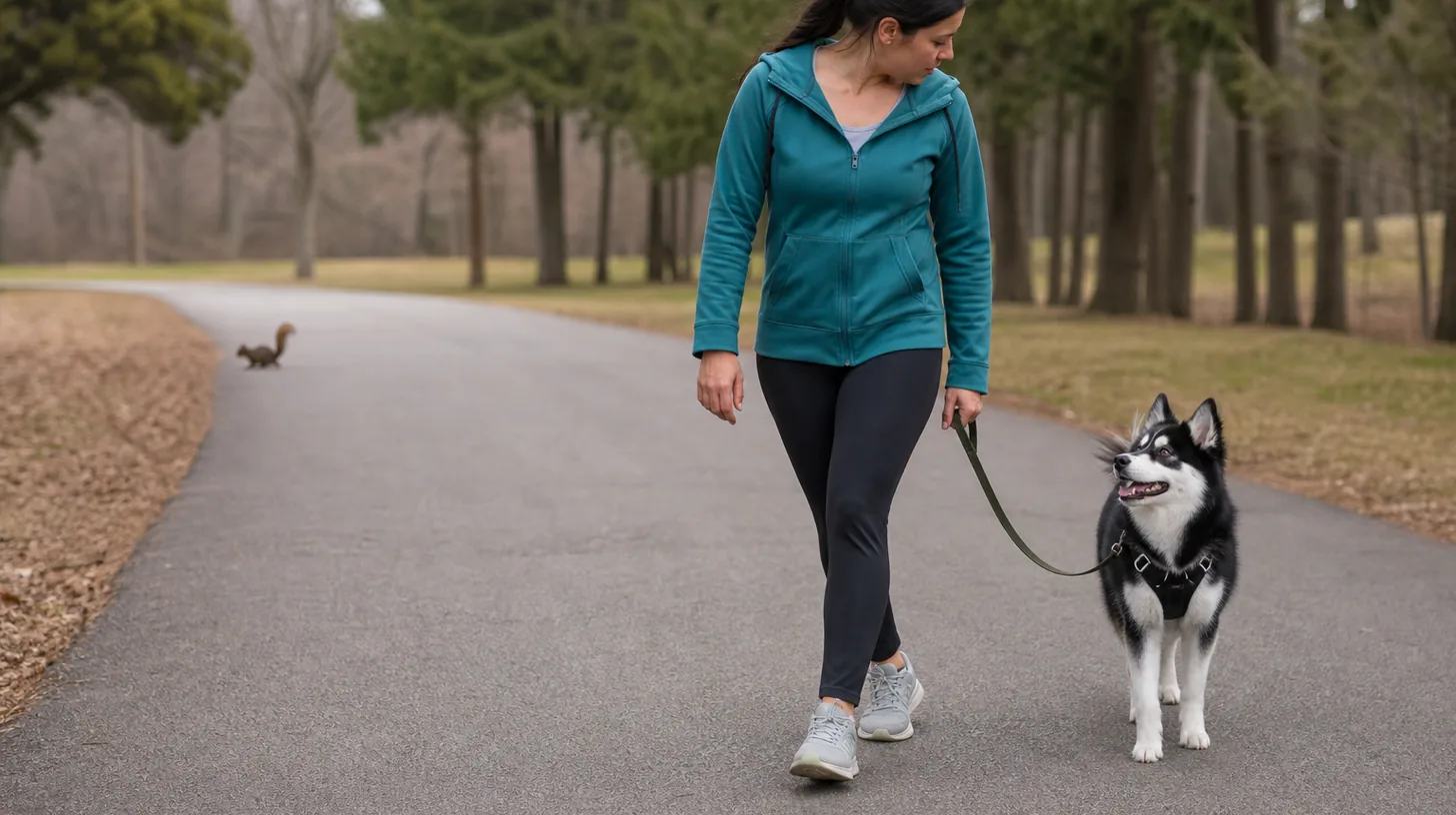 A harnessed Pomsky follows a caregiver through a calm U-turn on a quiet path with a loose leash