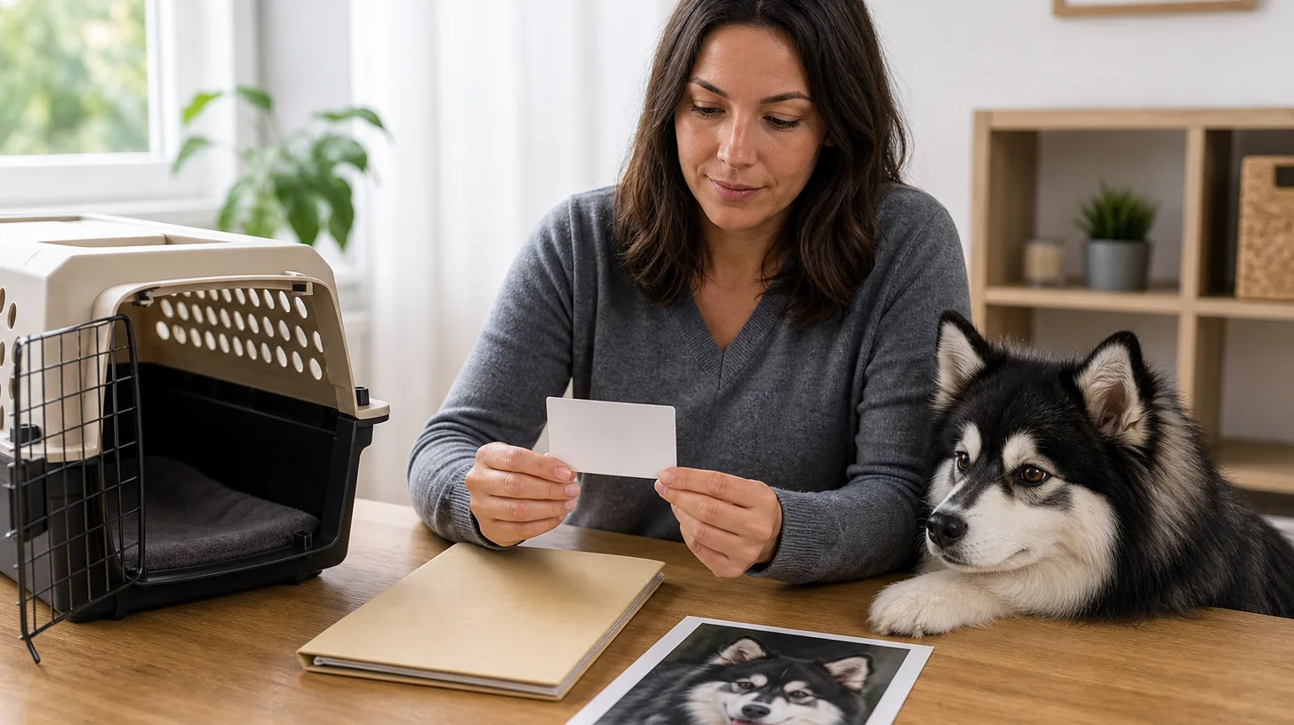 A caregiver reviews a blank emergency card beside a Pomsky, closed record folder, carrier, and recent photo