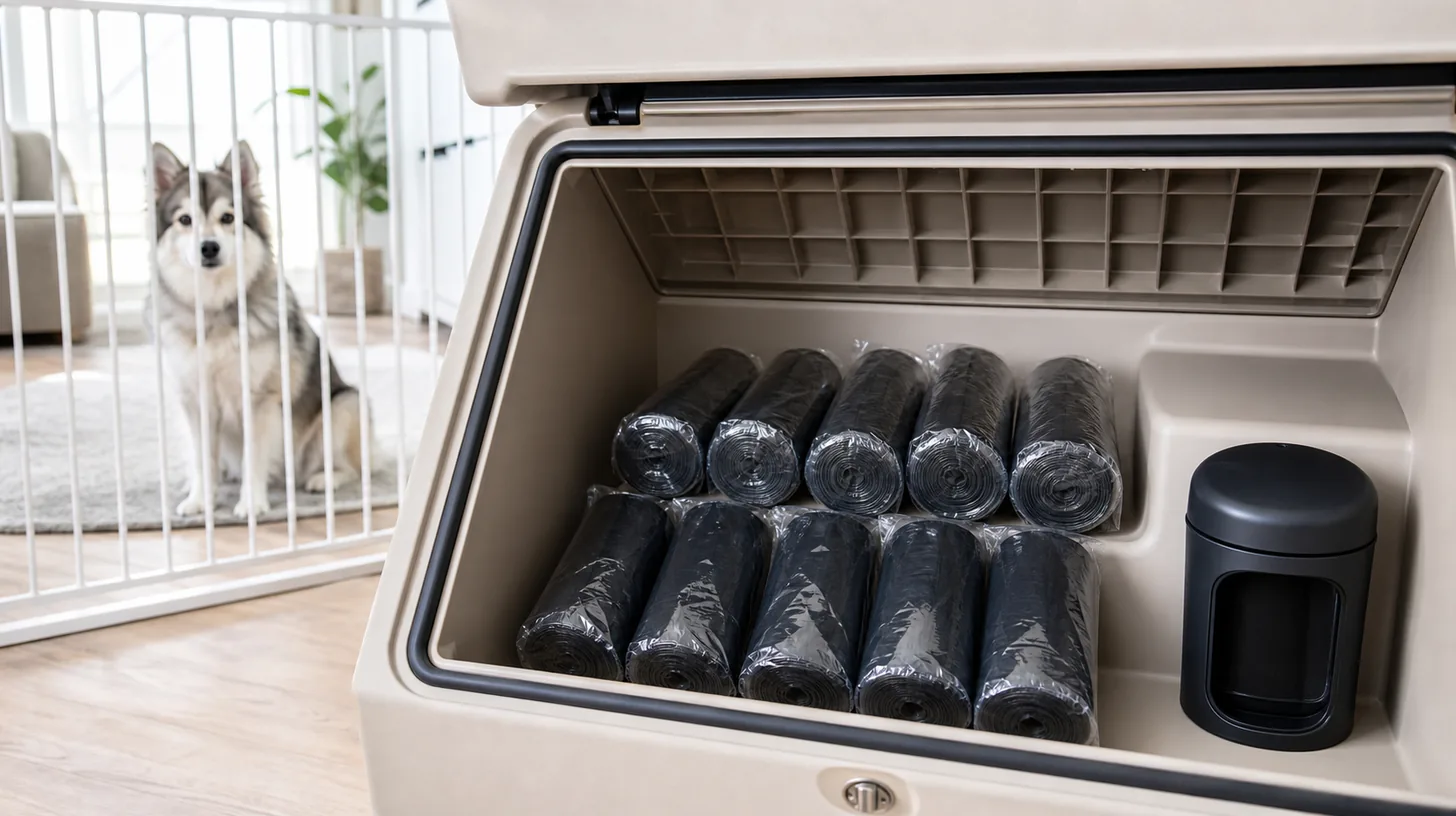 Sealed waste-bag rolls and closed dispenser counted in a dry emergency compartment