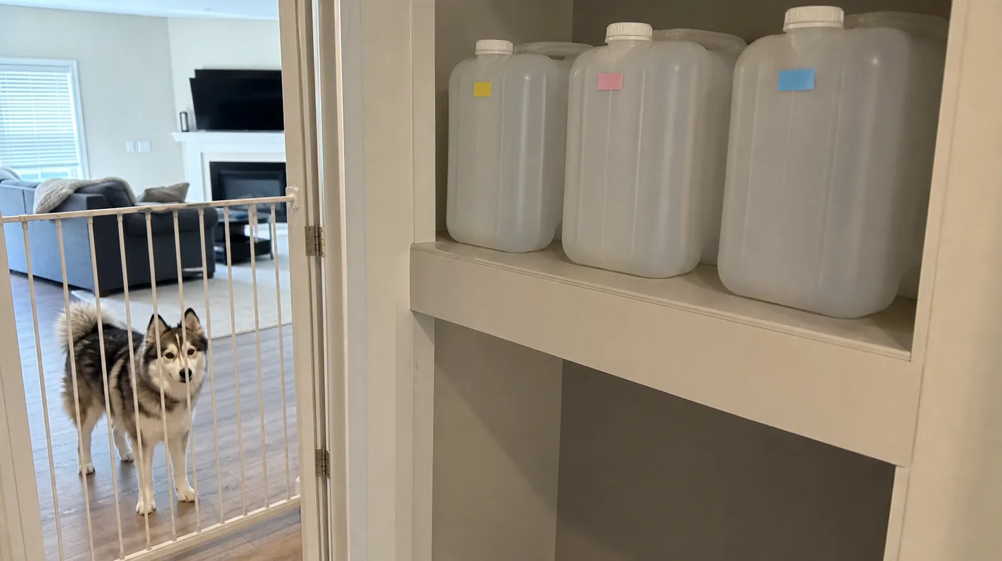 Sealed water containers with blank date tabs are stored above a Pomsky safety gate