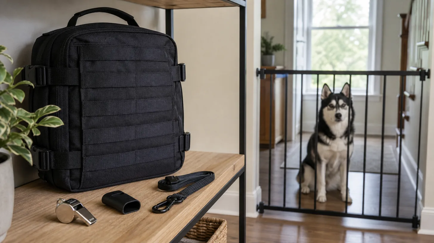 An emergency whistle, cover, lanyard and clip lie beside a go-bag away from a gated Pomsky