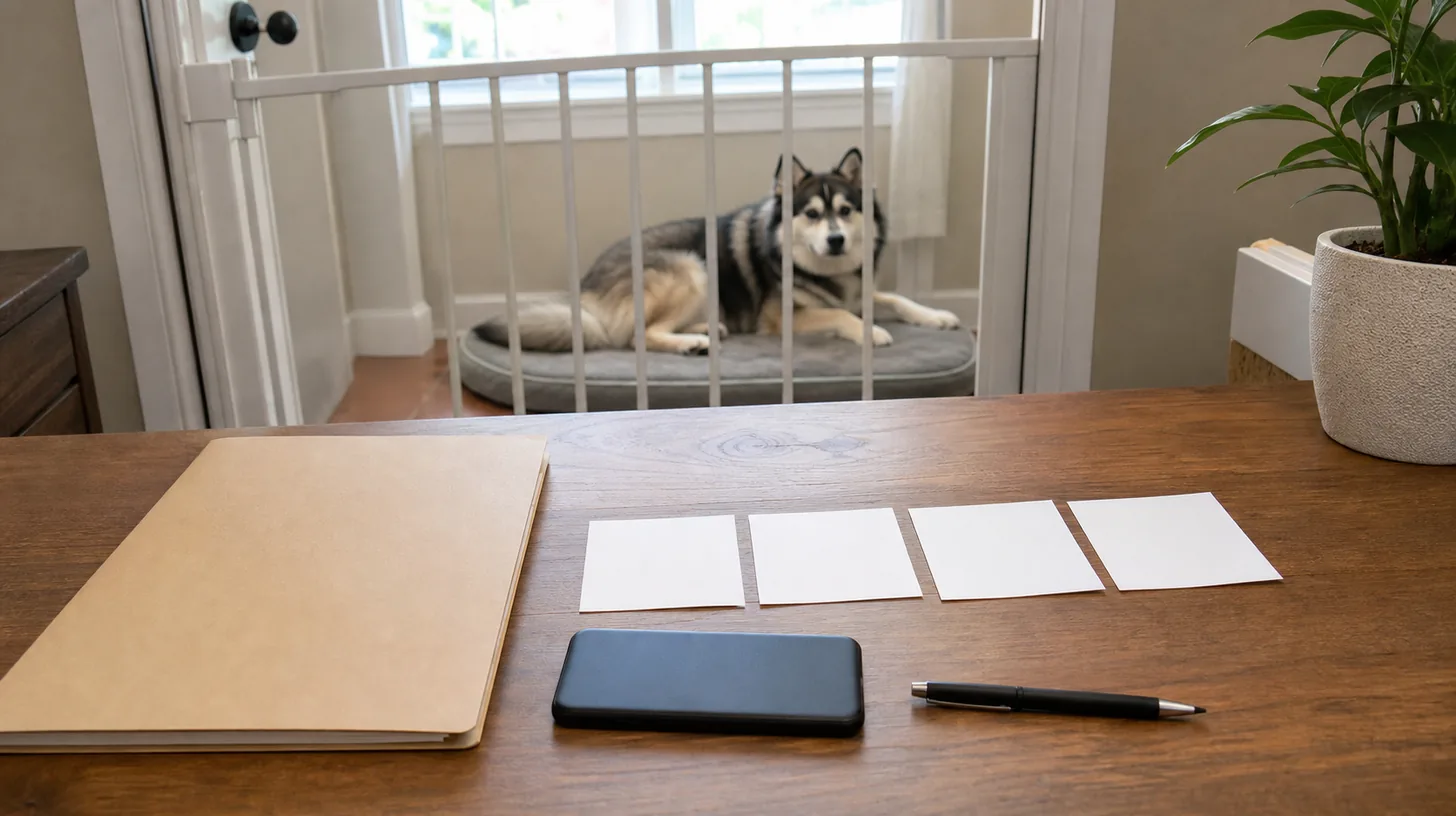 A closed care folder, blank completion cards and face-down phone sit near a resting Pomsky