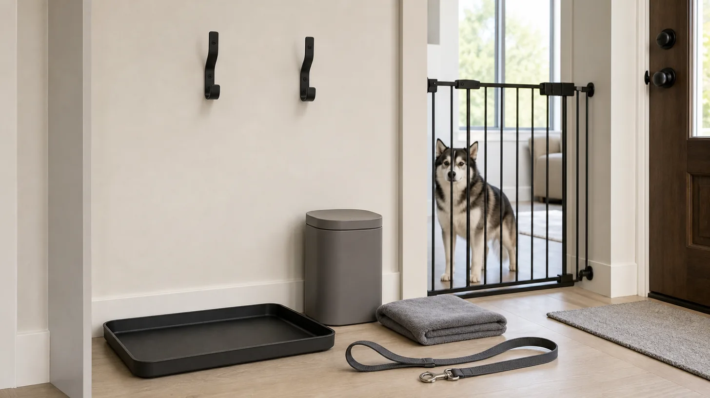 Entryway walk station with empty hooks, tray, closed bin, towel and leash