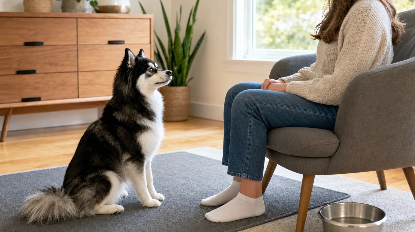 A Pomsky sits calmly on a mat beside a seated caregiver with hands resting neutrally