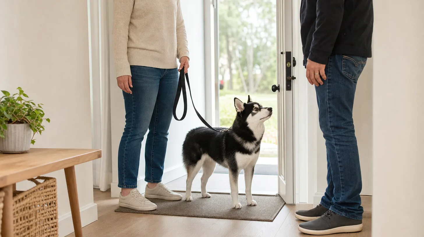 A Pomsky stands calmly on a mat during a low-key side-on doorway greeting