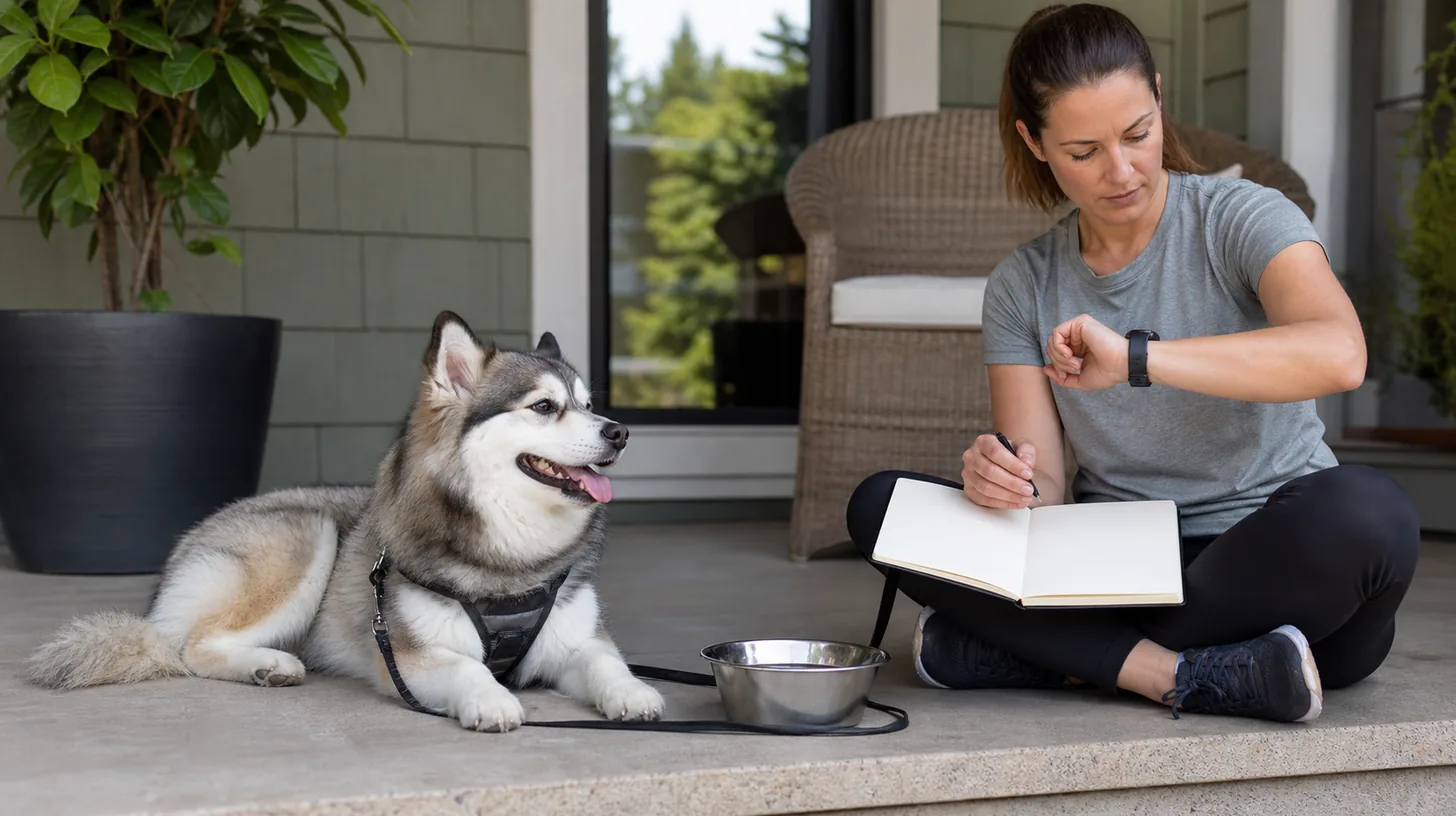 A relaxed Pomsky rests with water after a walk while a caregiver checks time and uses a blank exercise log