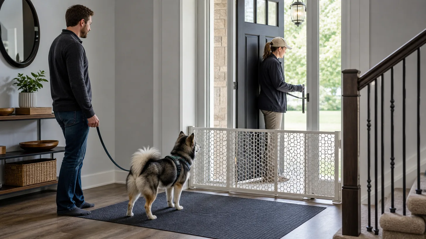 A leashed Pomsky pauses behind a closed secondary gate while an exterior door is checked
