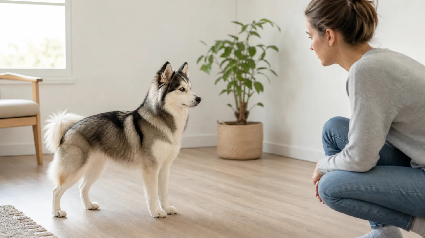 A caregiver observes a standing Pomsky's face from a safe distance