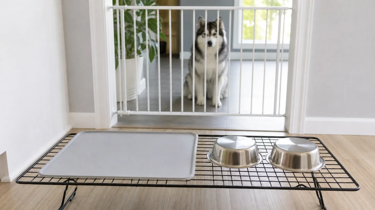 A feeding mat and two empty bowls dry on a rack while a Pomsky waits behind a gate