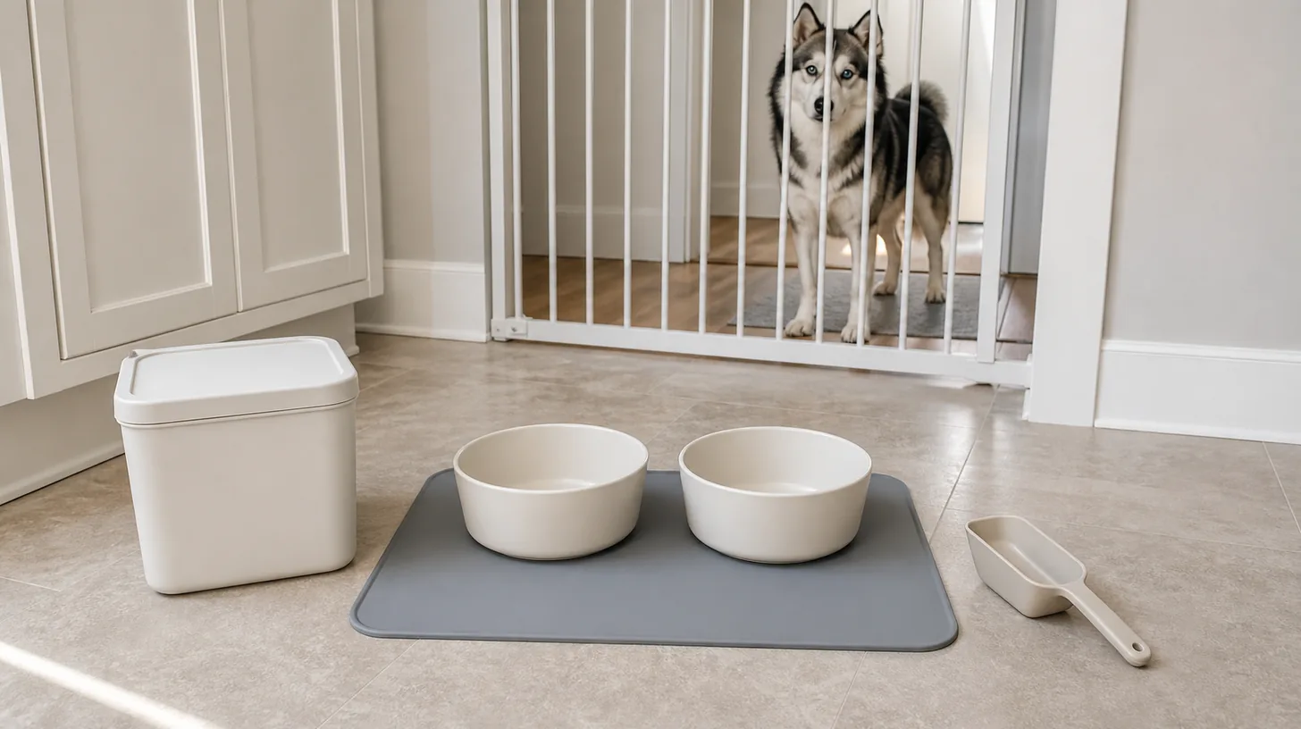 Clean feeding station with two empty bowls, dry mat, closed bin and scoop