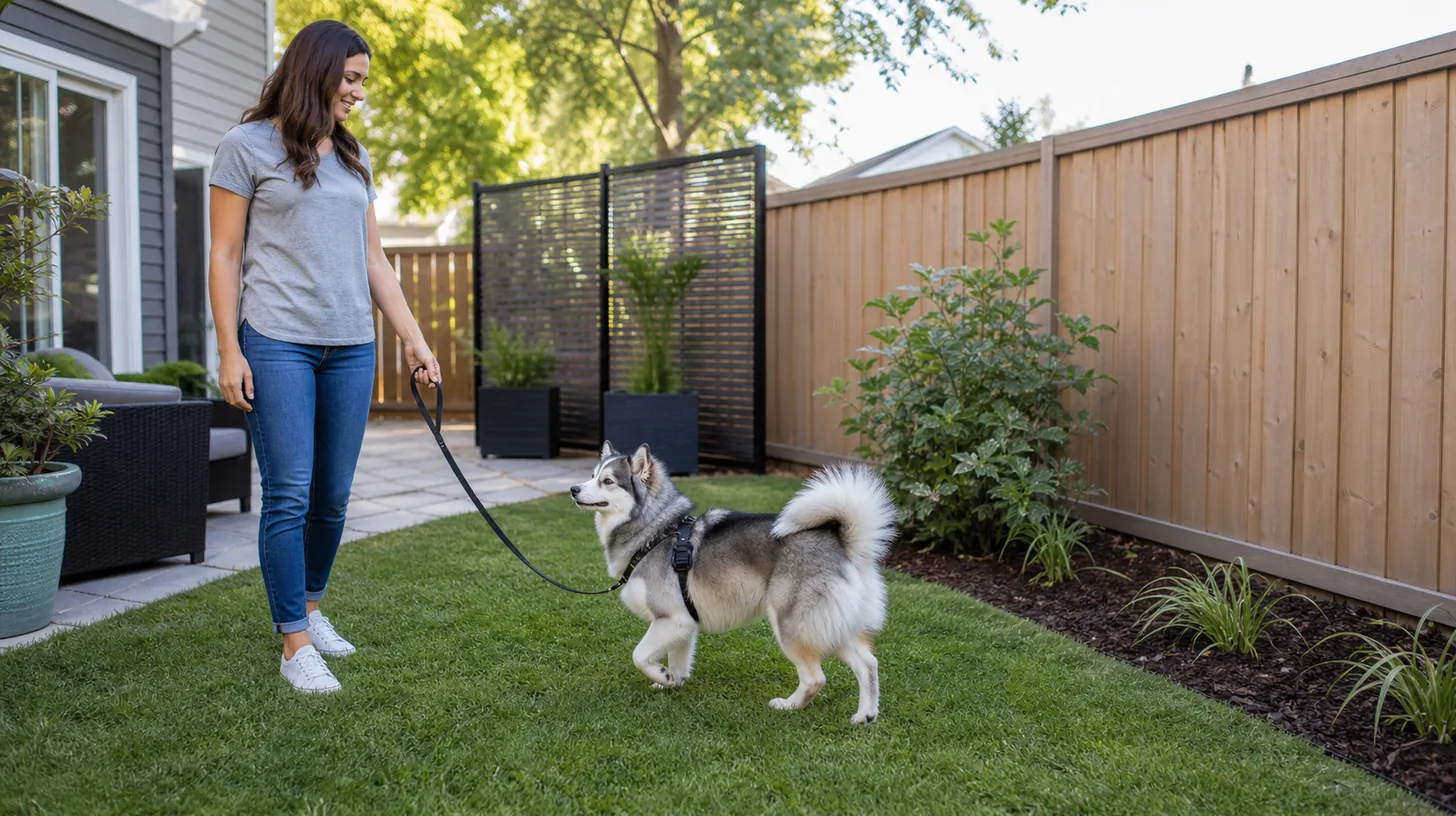 Pomsky turning away from a secure backyard fence with a caregiver