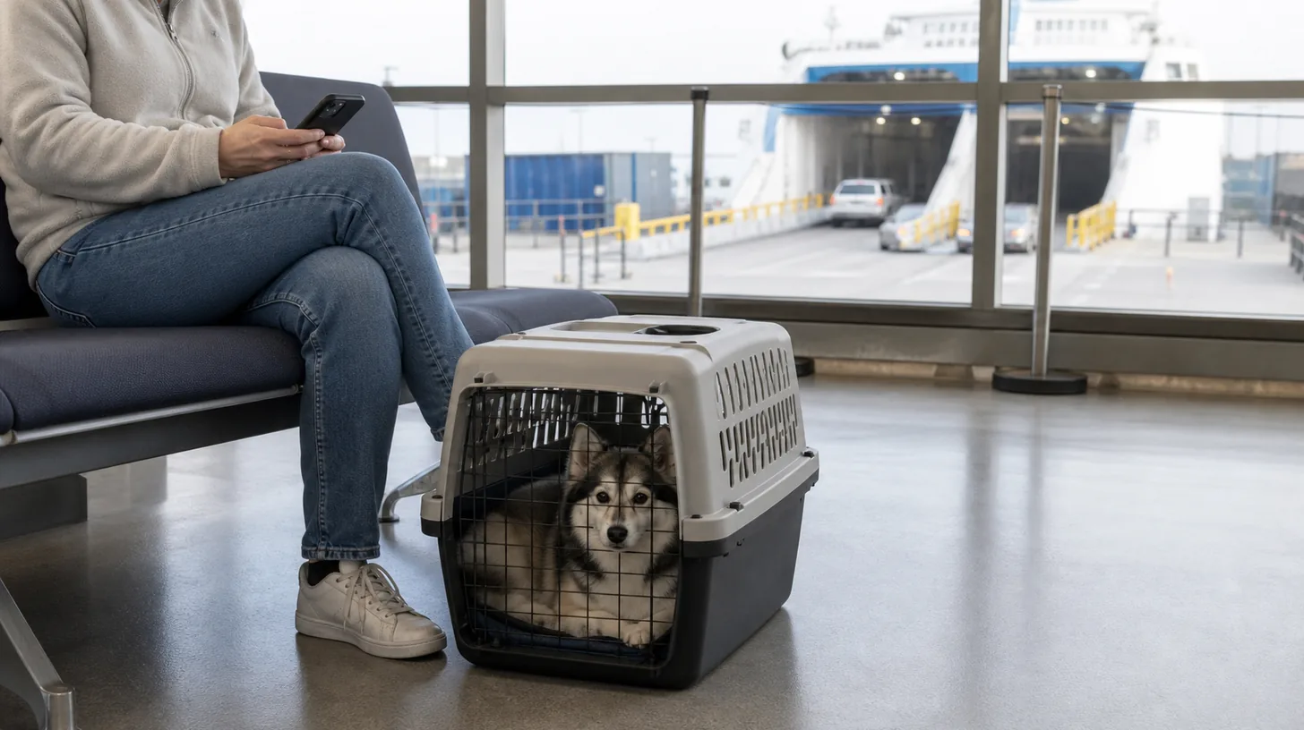 Pomsky resting in a secure carrier beside a caregiver in a quiet ferry terminal
