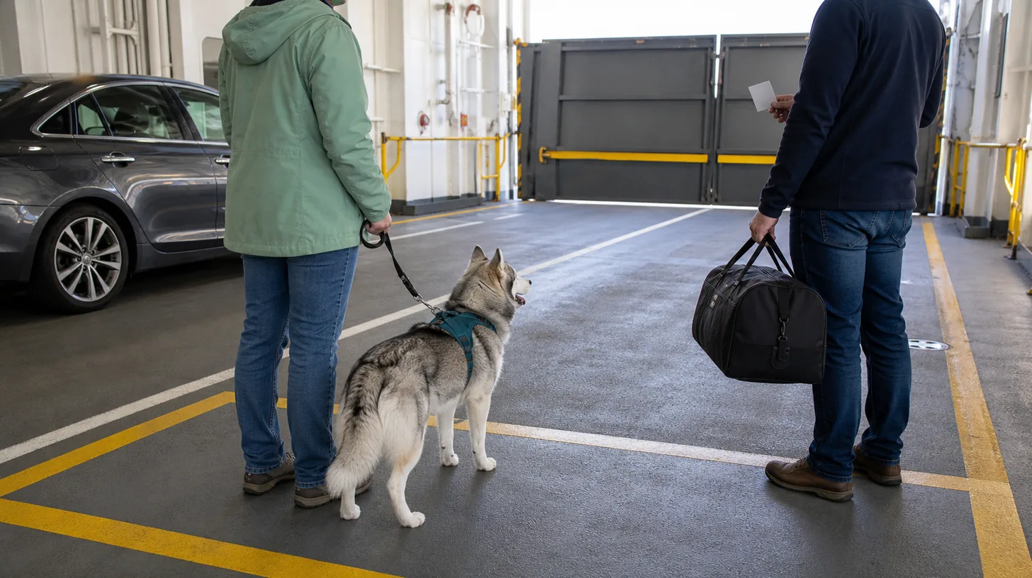 Two adults count a closed bag beside a leashed Pomsky on a stationary ferry deck