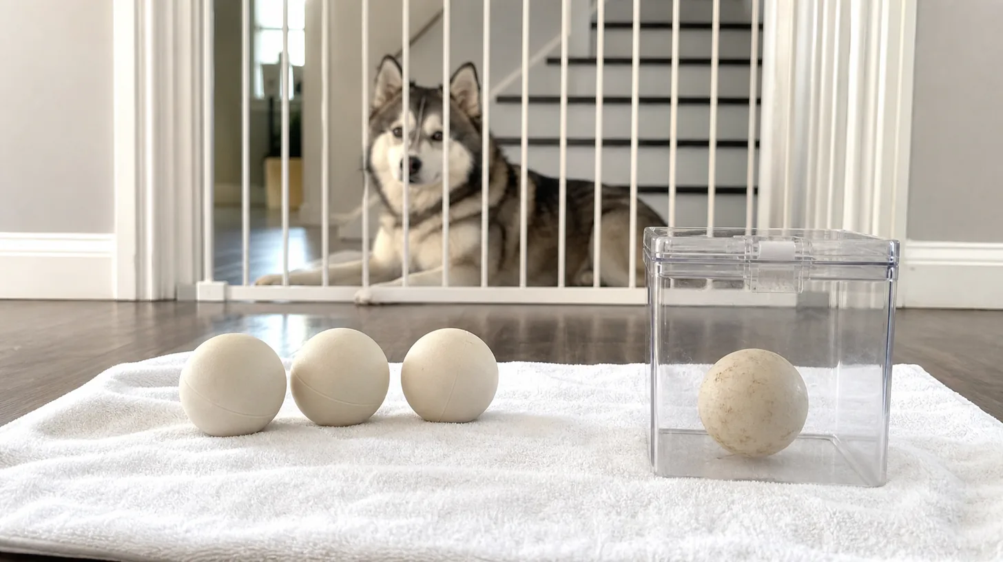 Fetch balls are counted on a towel with one worn ball isolated while a Pomsky waits behind a gate