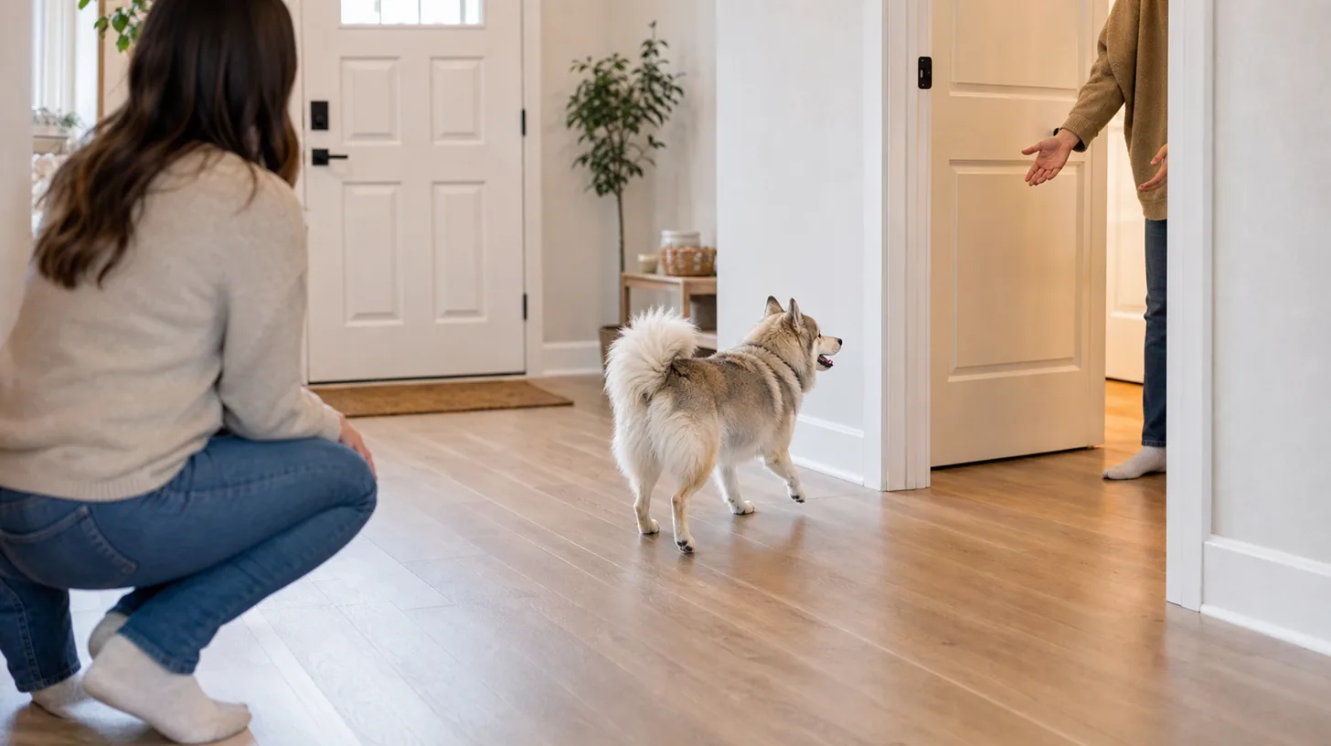 A Pomsky calmly finds a familiar adult partly visible in an open doorway