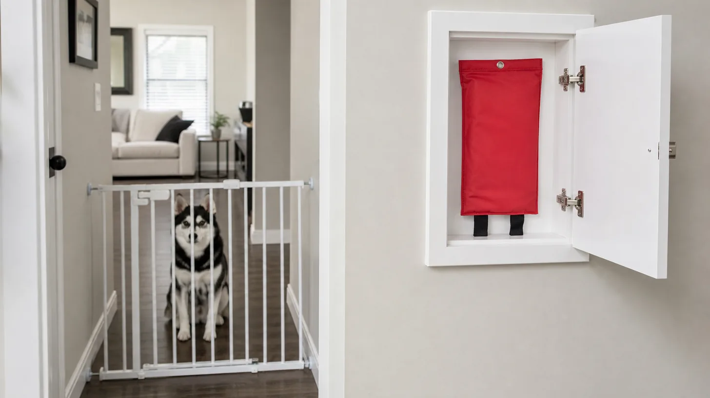 A sealed fire blanket pouch sits in an open wall cabinet away from a gated Pomsky