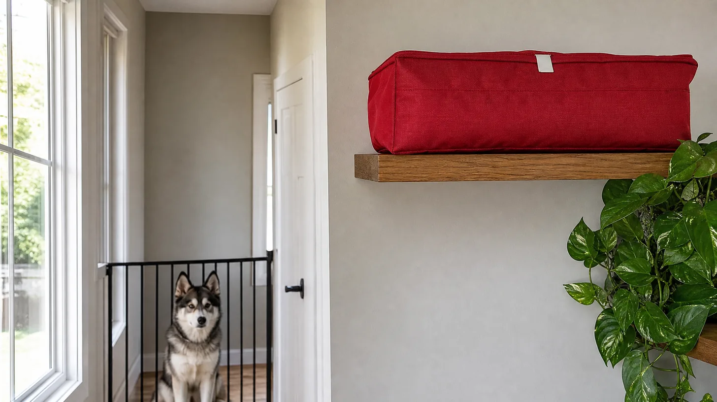 A sealed fire-escape ladder bag is stored above a clear route away from a gated Pomsky