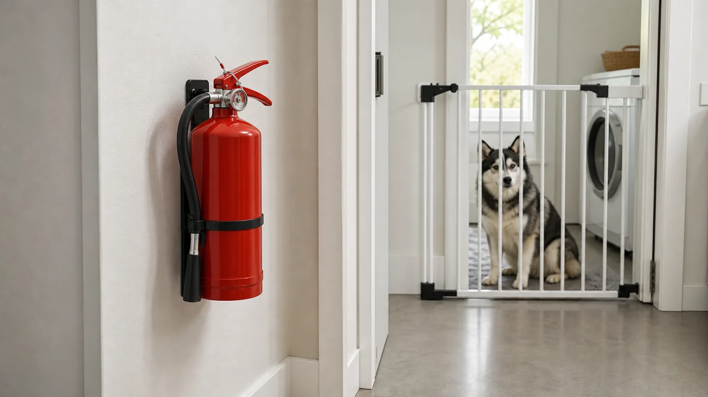 A wall-mounted fire extinguisher has a clear route while a Pomsky waits behind a gate
