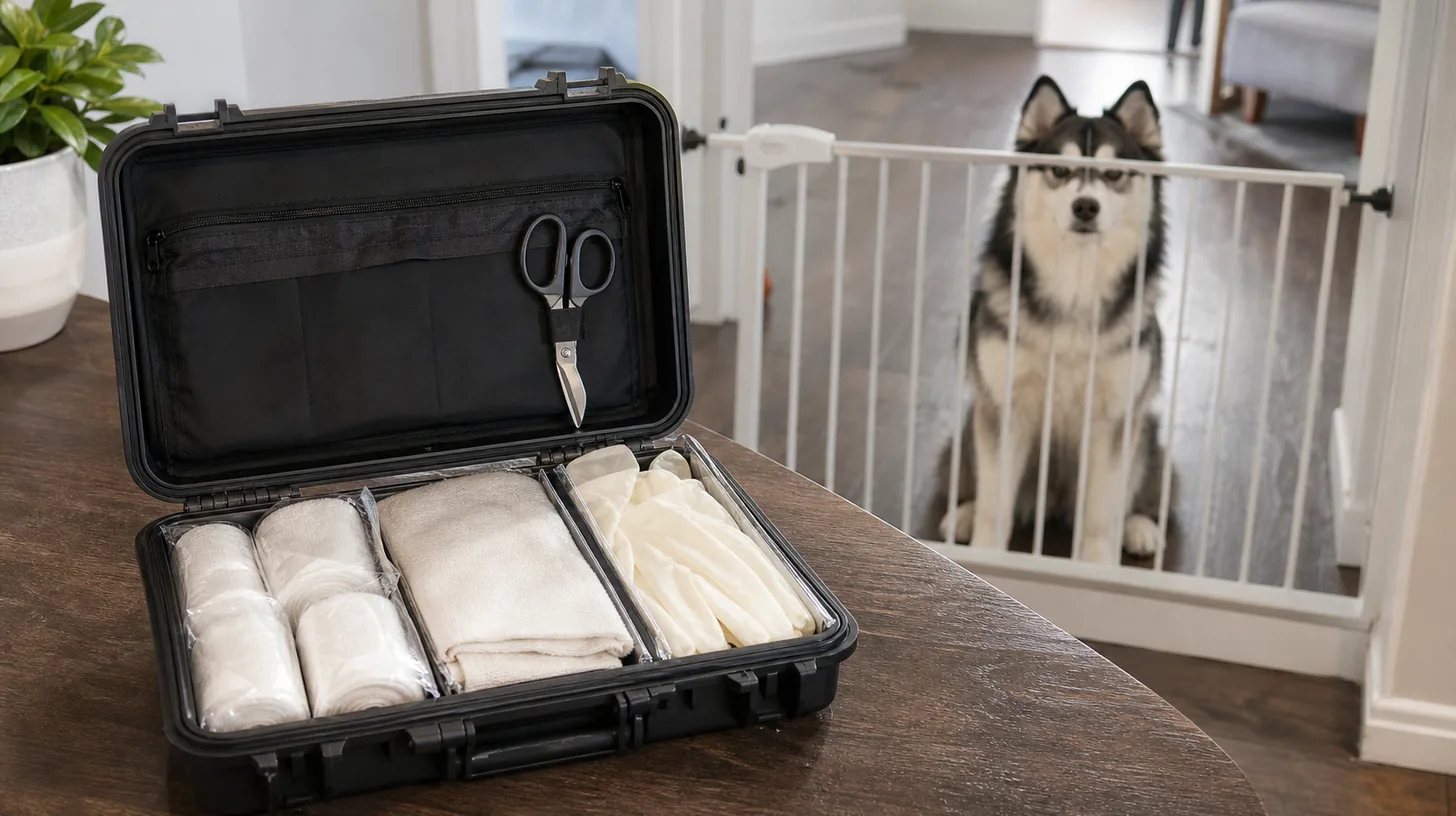 A plain first-aid case with sealed supplies is inventoried while a Pomsky waits behind a gate