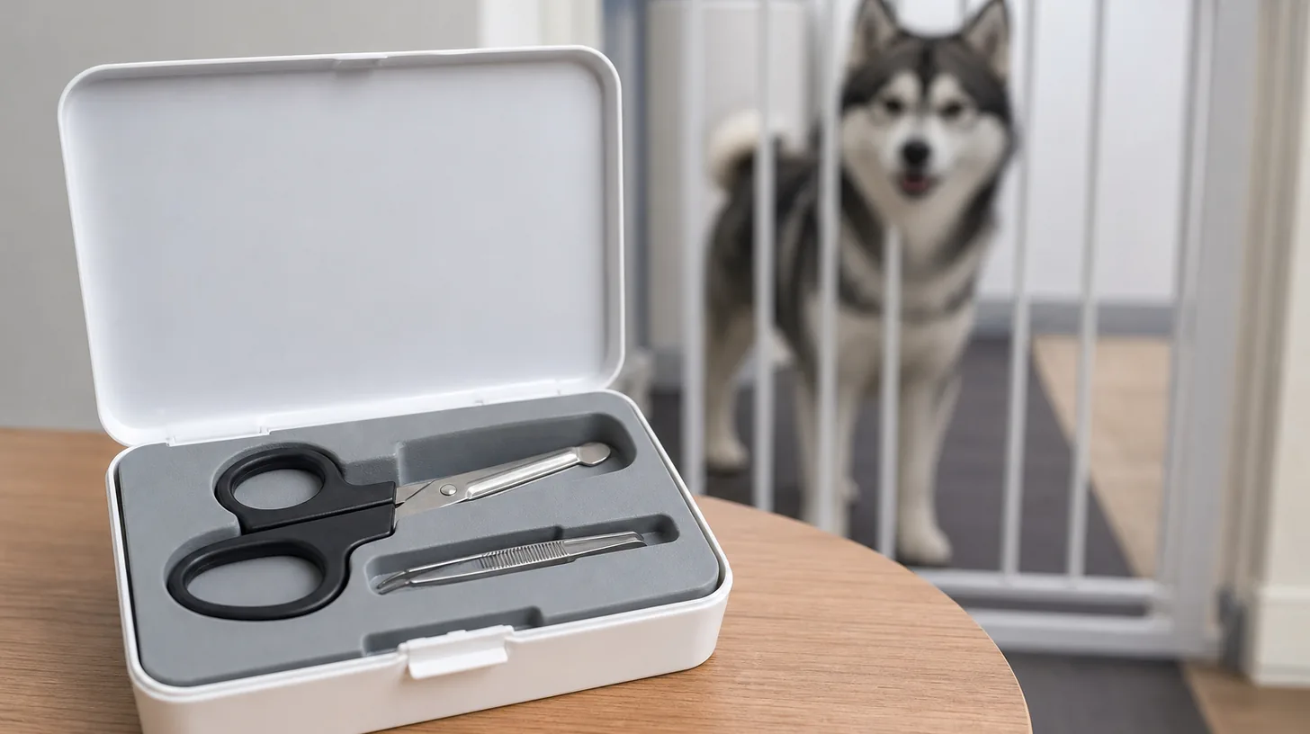 Rounded-tip bandage shears and tweezers are secured in a case away from a gated Pomsky