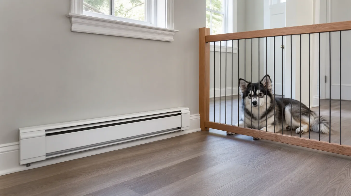 A clear fixed baseboard heater zone is separated from a resting Pomsky by a gate