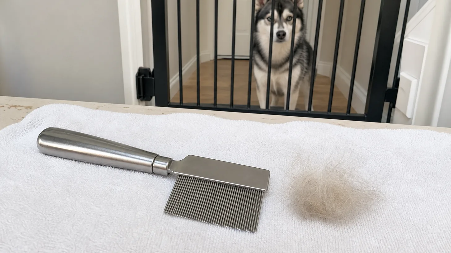 Fine-tooth flea comb and removed loose coat on a towel with a Pomsky behind a gate
