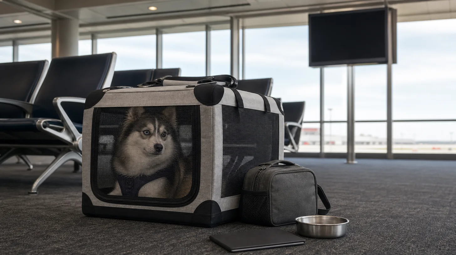 A Pomsky rests in a closed ventilated carrier beside travel supplies at a quiet airport gate