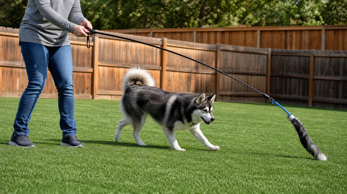 A Pomsky follows a low flirt-pole lure through a broad arc on clear grass