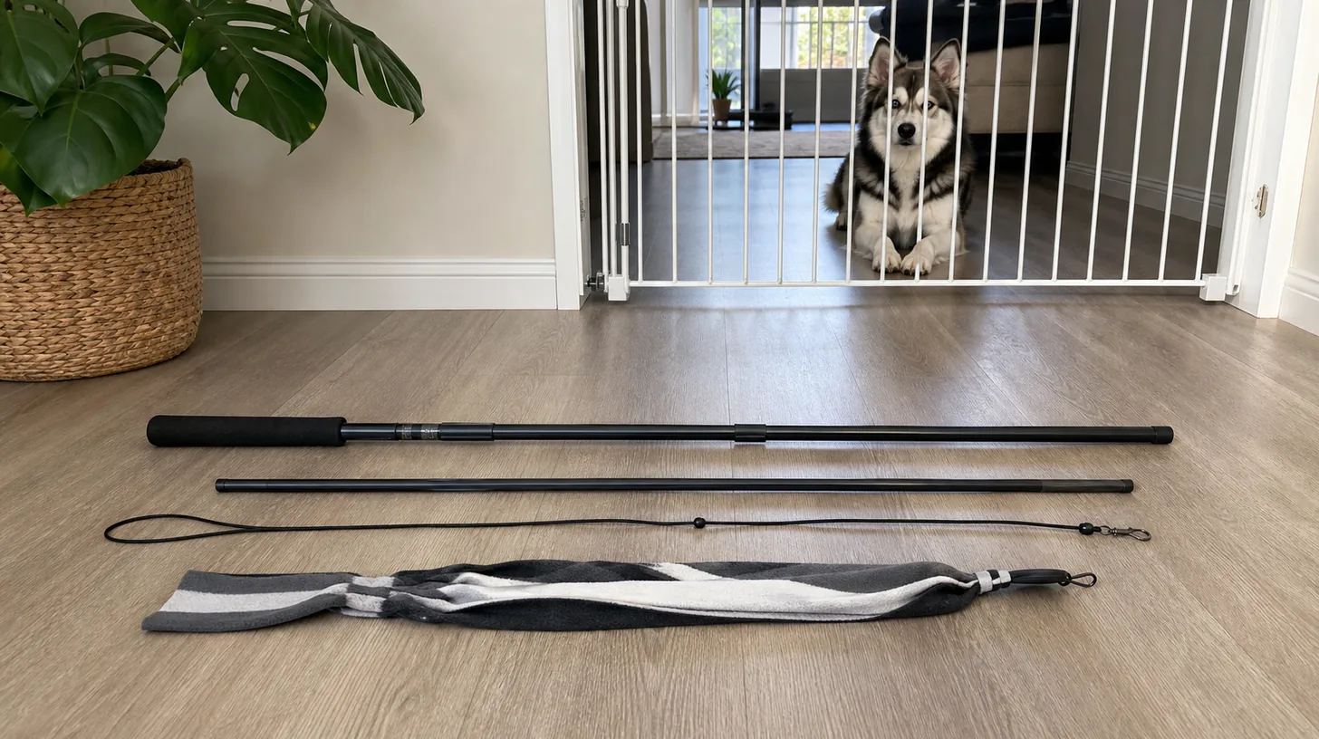 A flirt pole, line, swivel and lure lie inactive while a Pomsky waits behind a gate