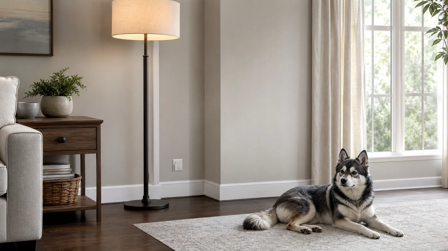 Stable floor lamp with concealed cord and a clear walkway beside a resting Pomsky