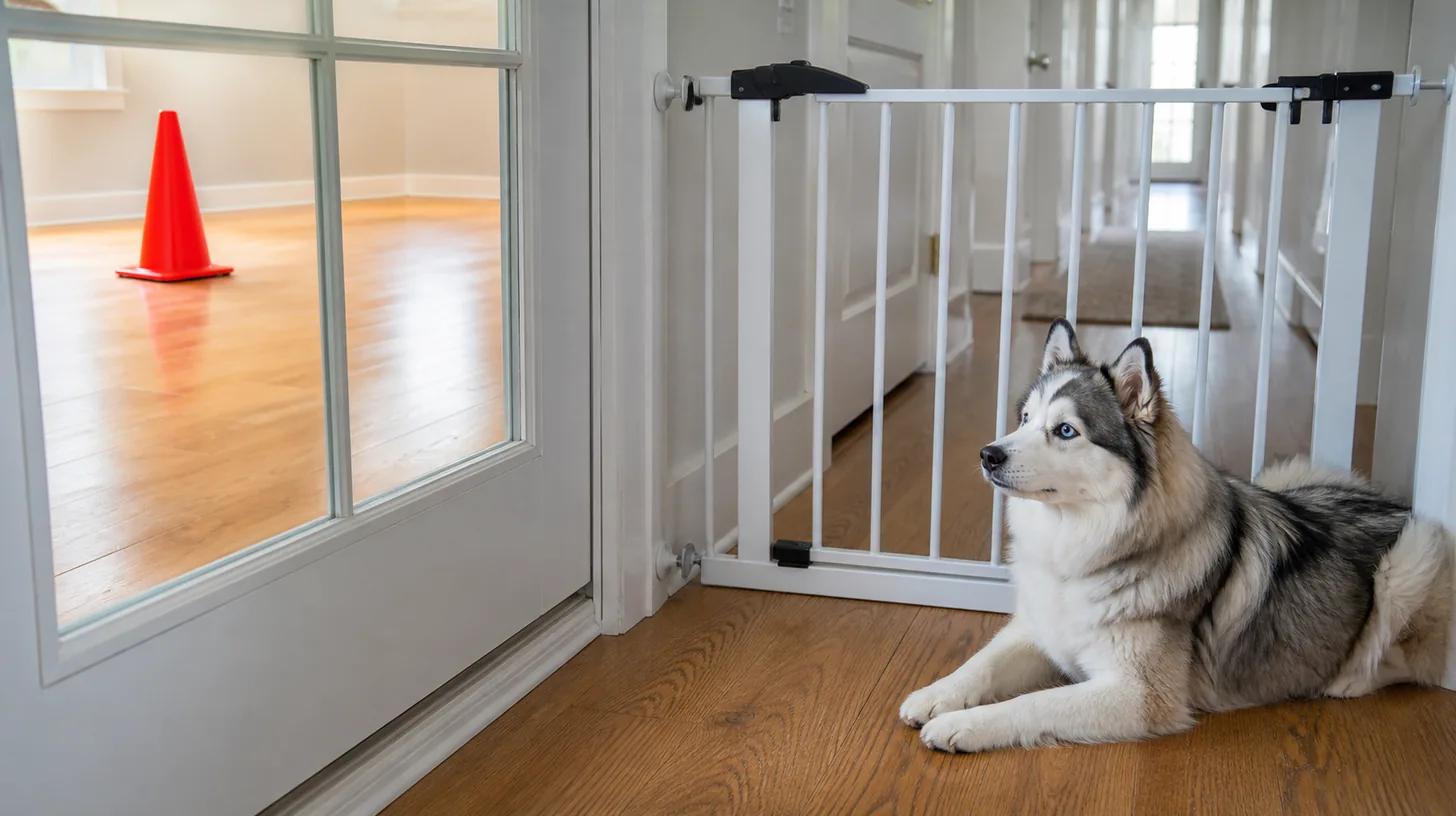 A Pomsky rests behind a gate outside a closed room with a newly finished wood floor