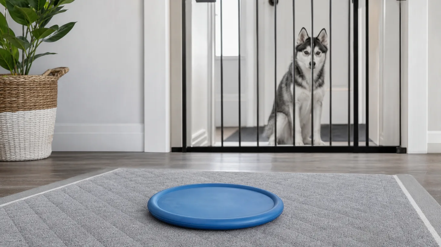 Plain blue flying disc resting flat with face, edge and continuous rim visible