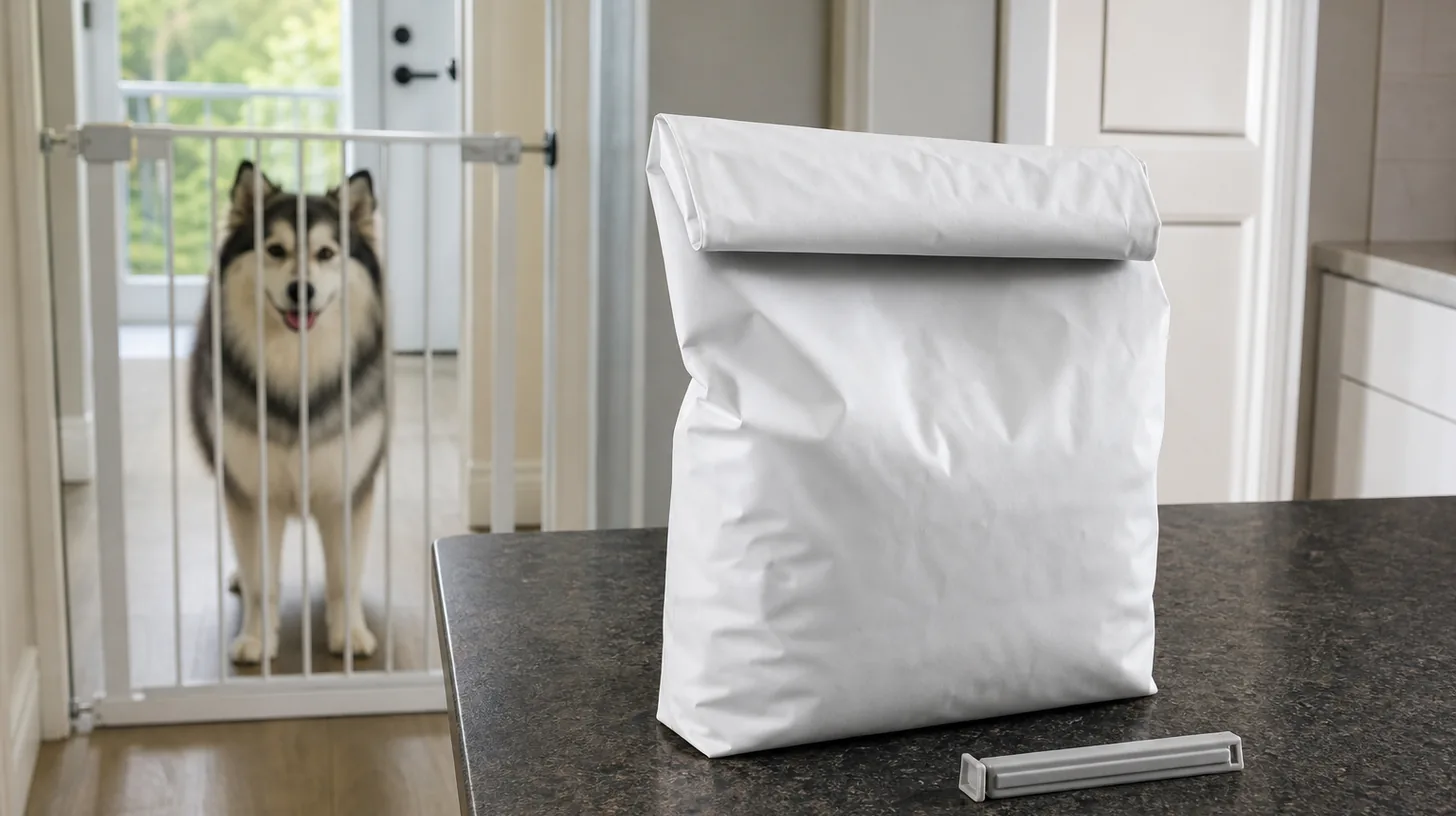 A closed blank dry food bag and closure clip sit away from a gated Pomsky