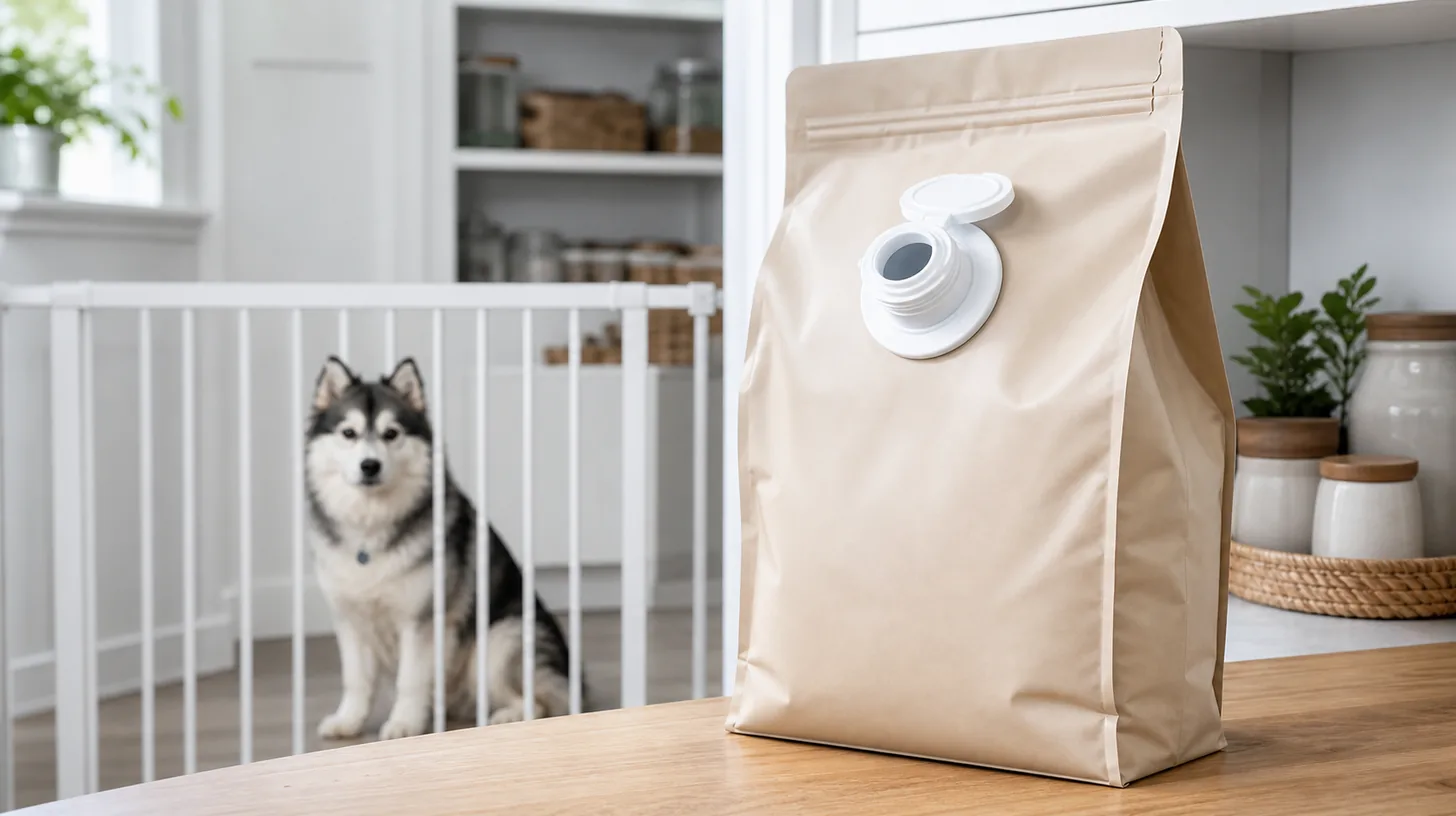 Plain dry-food bag with a fitted pour spout, cap and flange visible